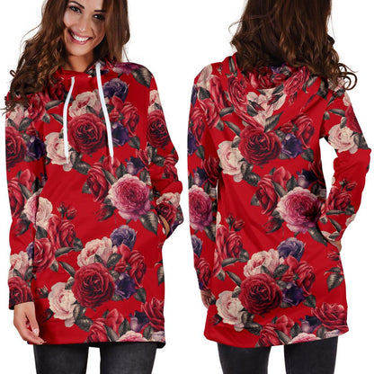 Rose Red Pattern Print Design RO07 Women Hoodie Dress