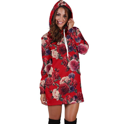 Rose Red Pattern Print Design RO07 Women Hoodie Dress