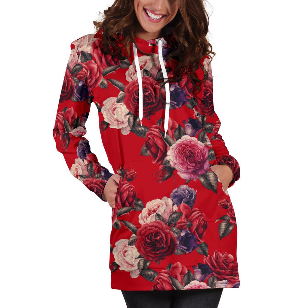 Rose Red Pattern Print Design RO07 Women Hoodie Dress