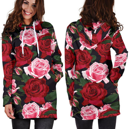 Rose Red Pink Pattern Print Design RO01 Women Hoodie Dress