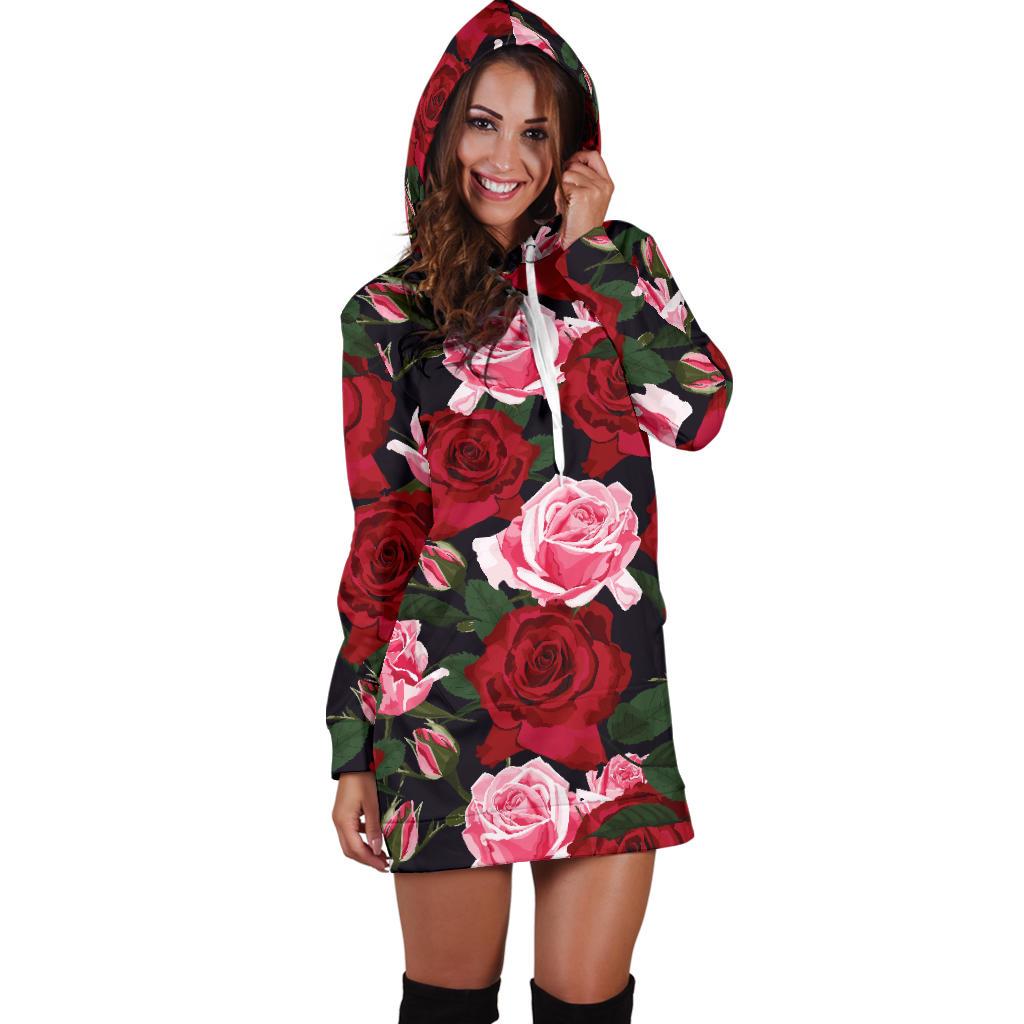 Rose Red Pink Pattern Print Design RO01 Women Hoodie Dress
