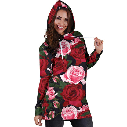 Rose Red Pink Pattern Print Design RO01 Women Hoodie Dress