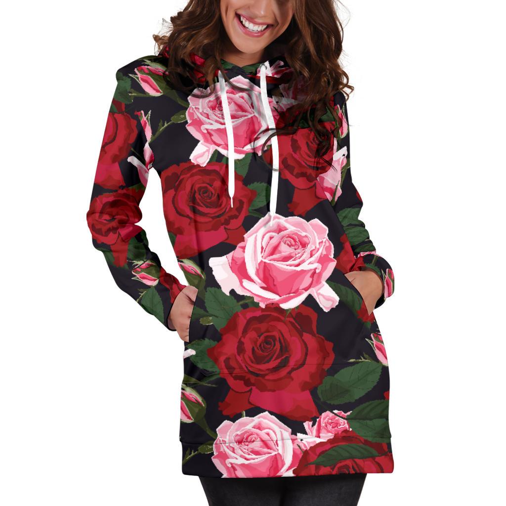Rose Red Pink Pattern Print Design RO01 Women Hoodie Dress