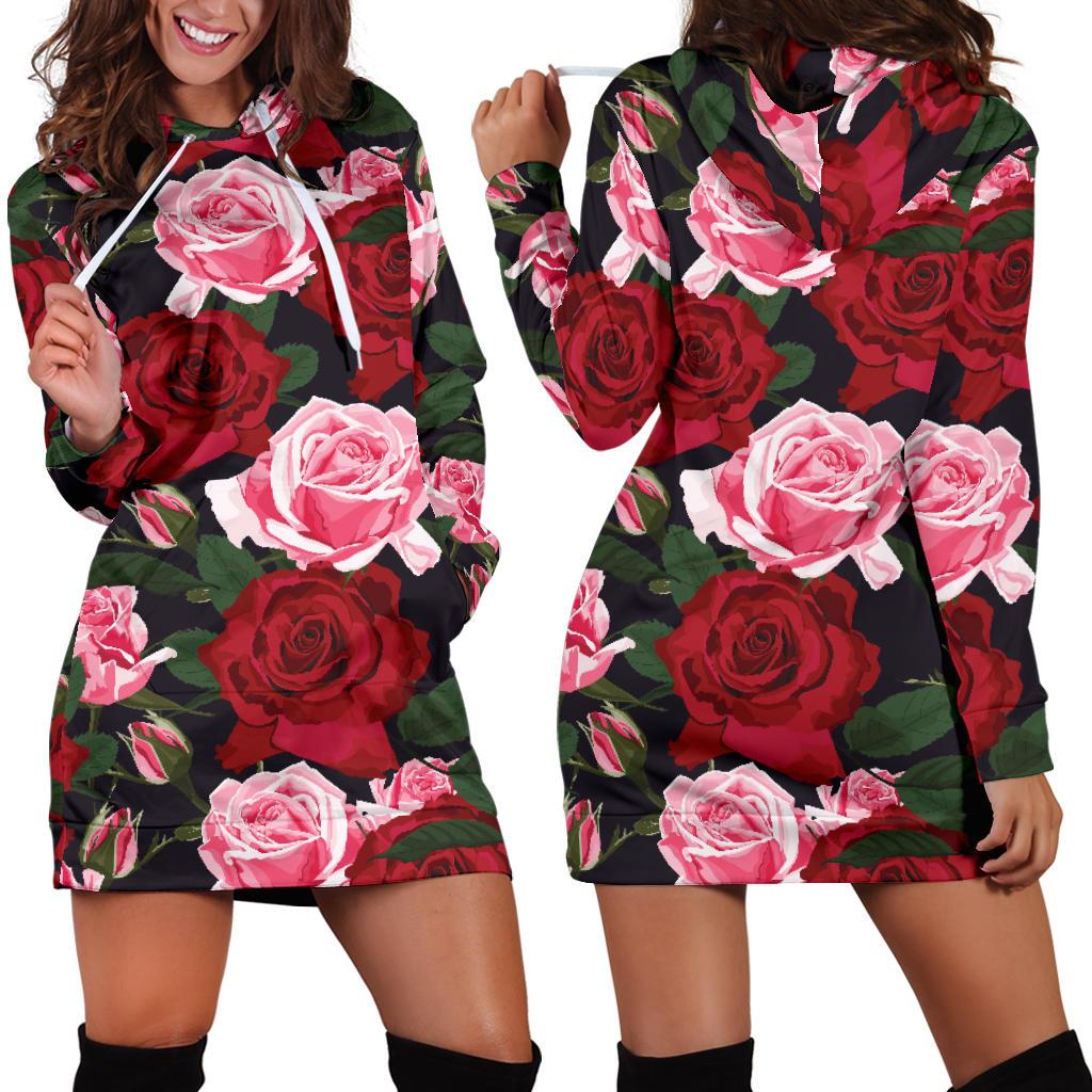 Rose Red Pink Pattern Print Design RO01 Women Hoodie Dress