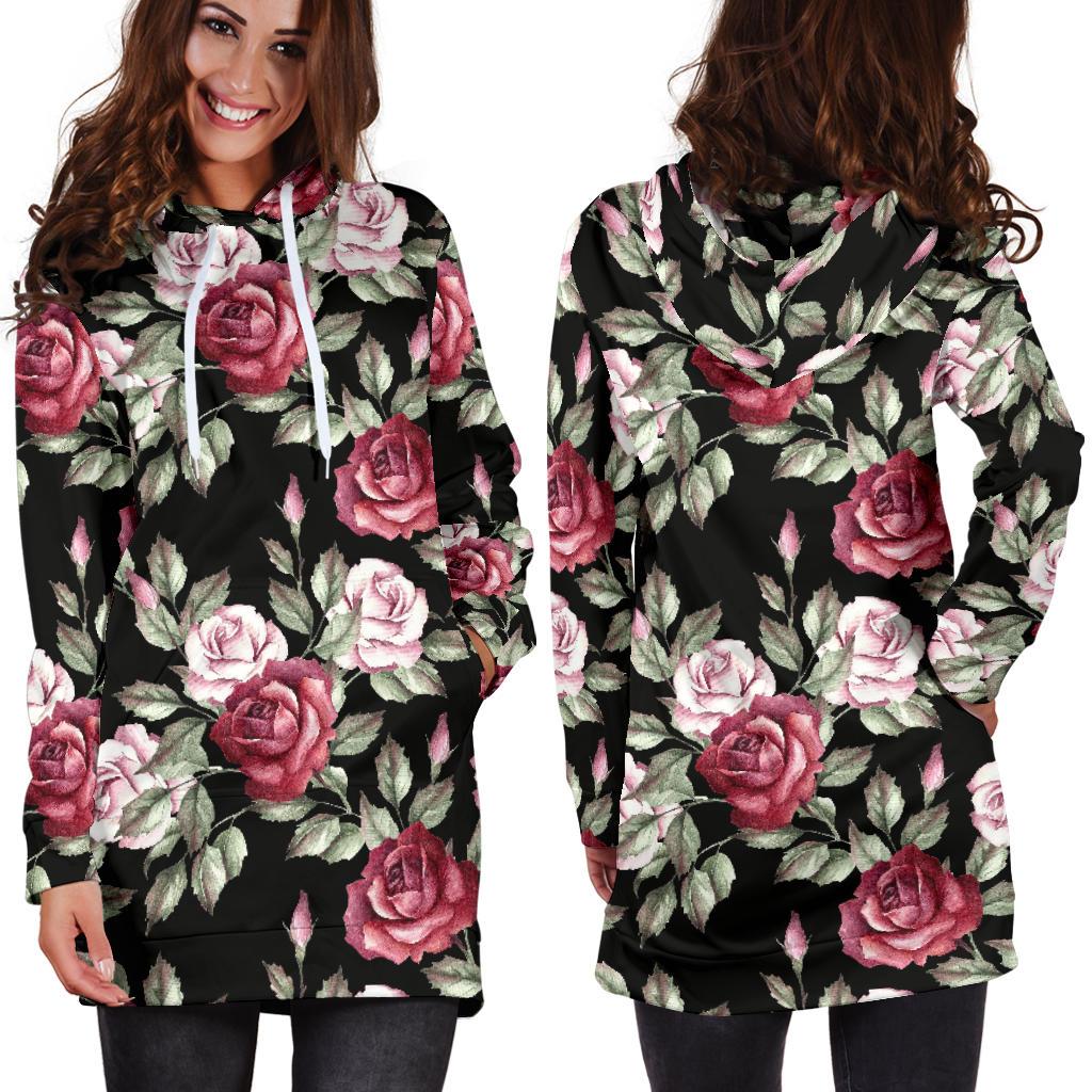 Rose Red Pink Pattern Print Design RO03 Women Hoodie Dress