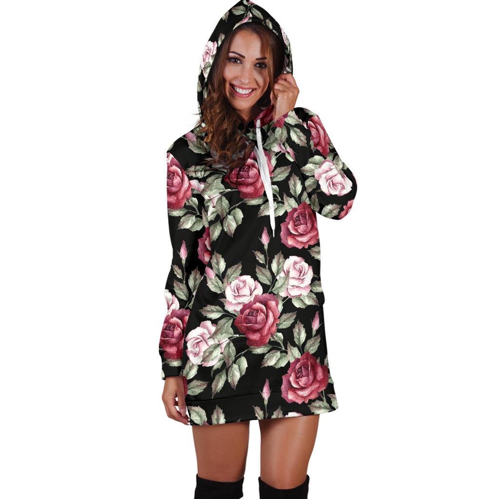 Rose Red Pink Pattern Print Design RO03 Women Hoodie Dress