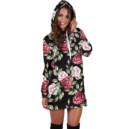 Rose Red Pink Pattern Print Design RO03 Women Hoodie Dress