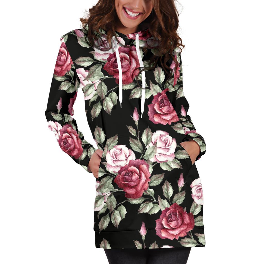 Rose Red Pink Pattern Print Design RO03 Women Hoodie Dress