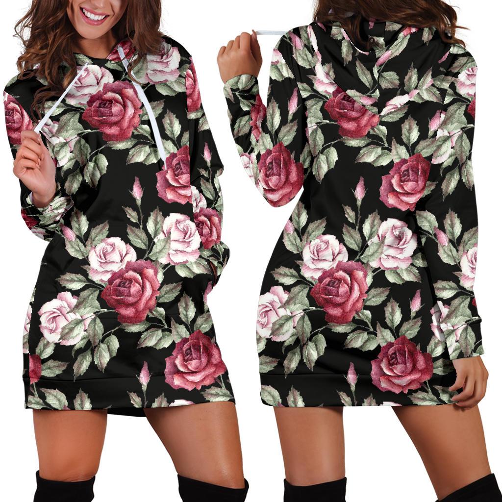 Rose Red Pink Pattern Print Design RO03 Women Hoodie Dress