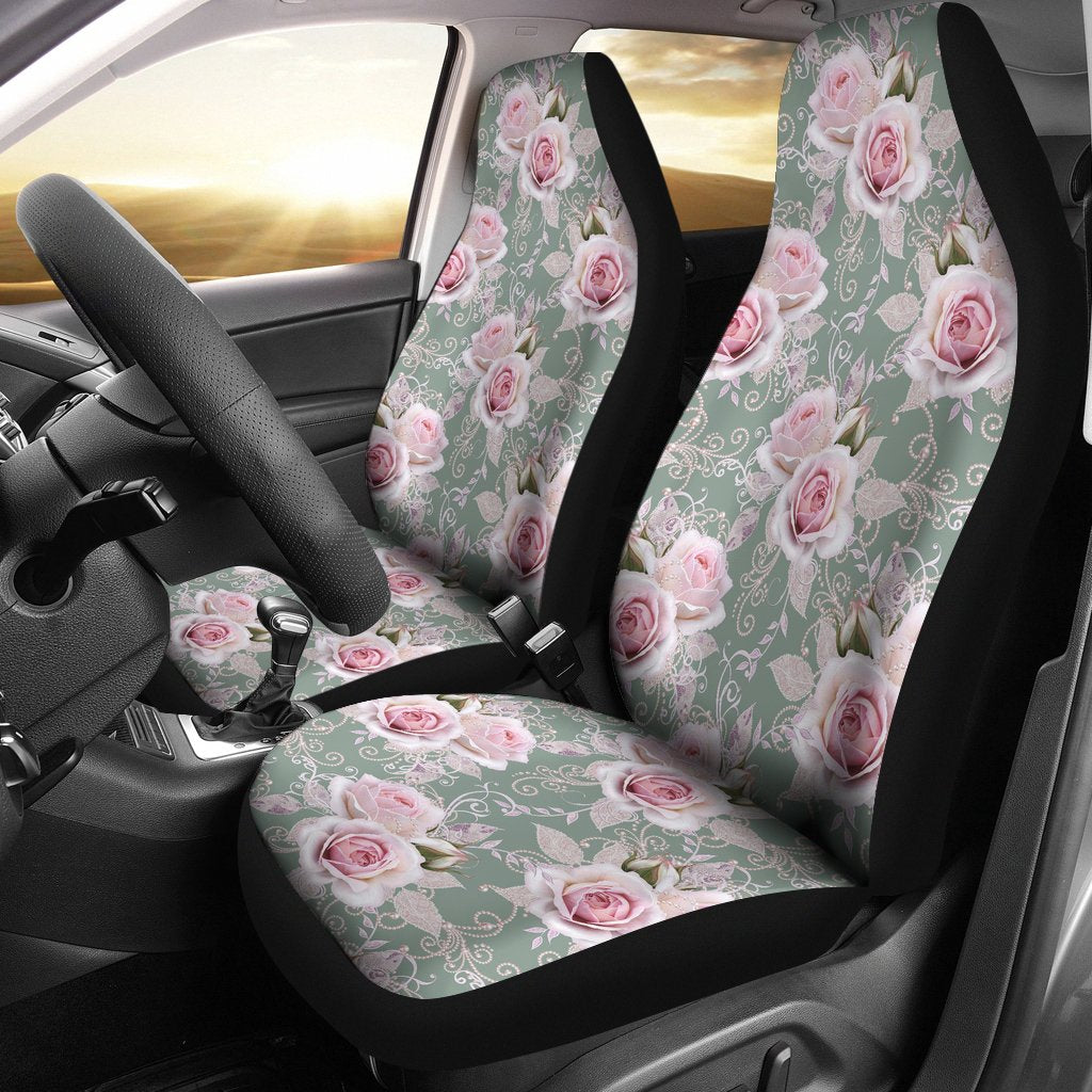 Rose White Pattern Print Design RO012 Universal Fit Car Seat Covers-JorJune