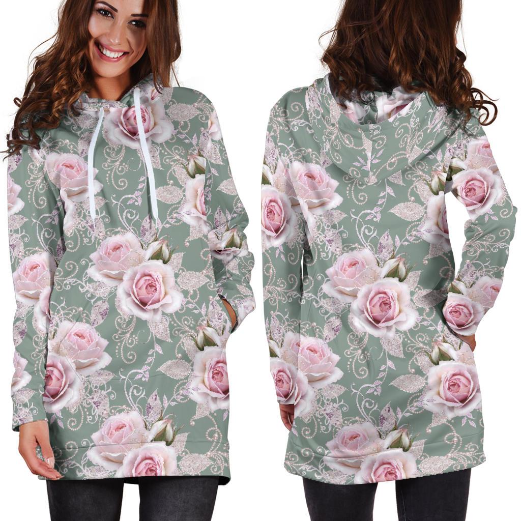 Rose White Pattern Print Design RO012 Women Hoodie Dress