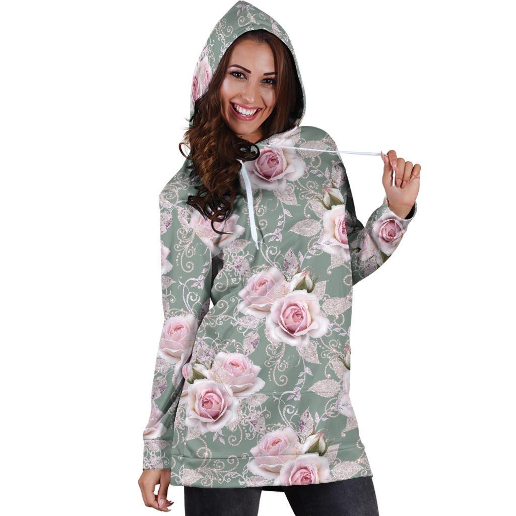 Rose White Pattern Print Design RO012 Women Hoodie Dress