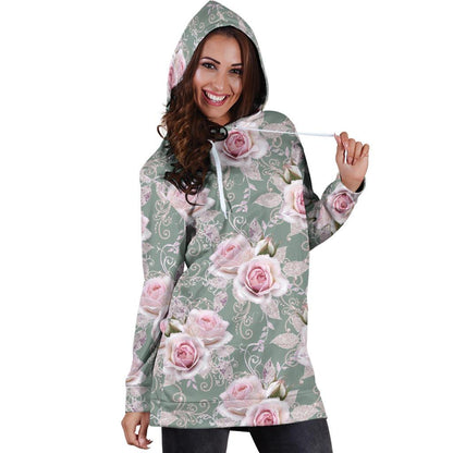 Rose White Pattern Print Design RO012 Women Hoodie Dress