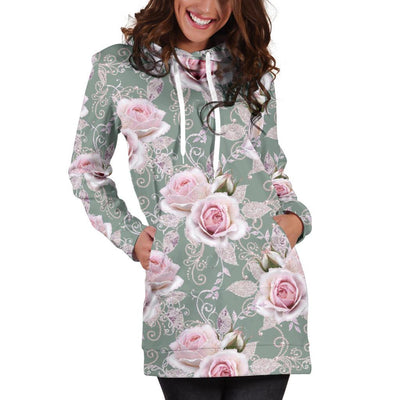 Rose White Pattern Print Design RO012 Women Hoodie Dress