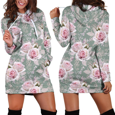 Rose White Pattern Print Design RO012 Women Hoodie Dress