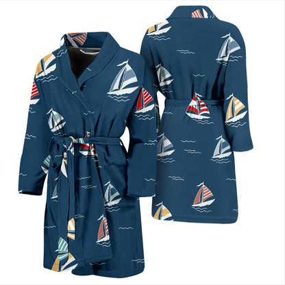Sailing Ships Pattern Print Design A02 Men Bathrobe-JORJUNE.COM