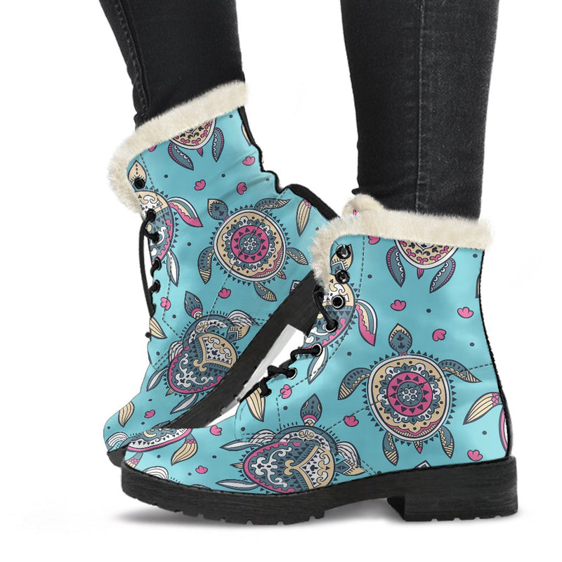 Sea Turtle Art Pattern Faux Fur Leather Boots