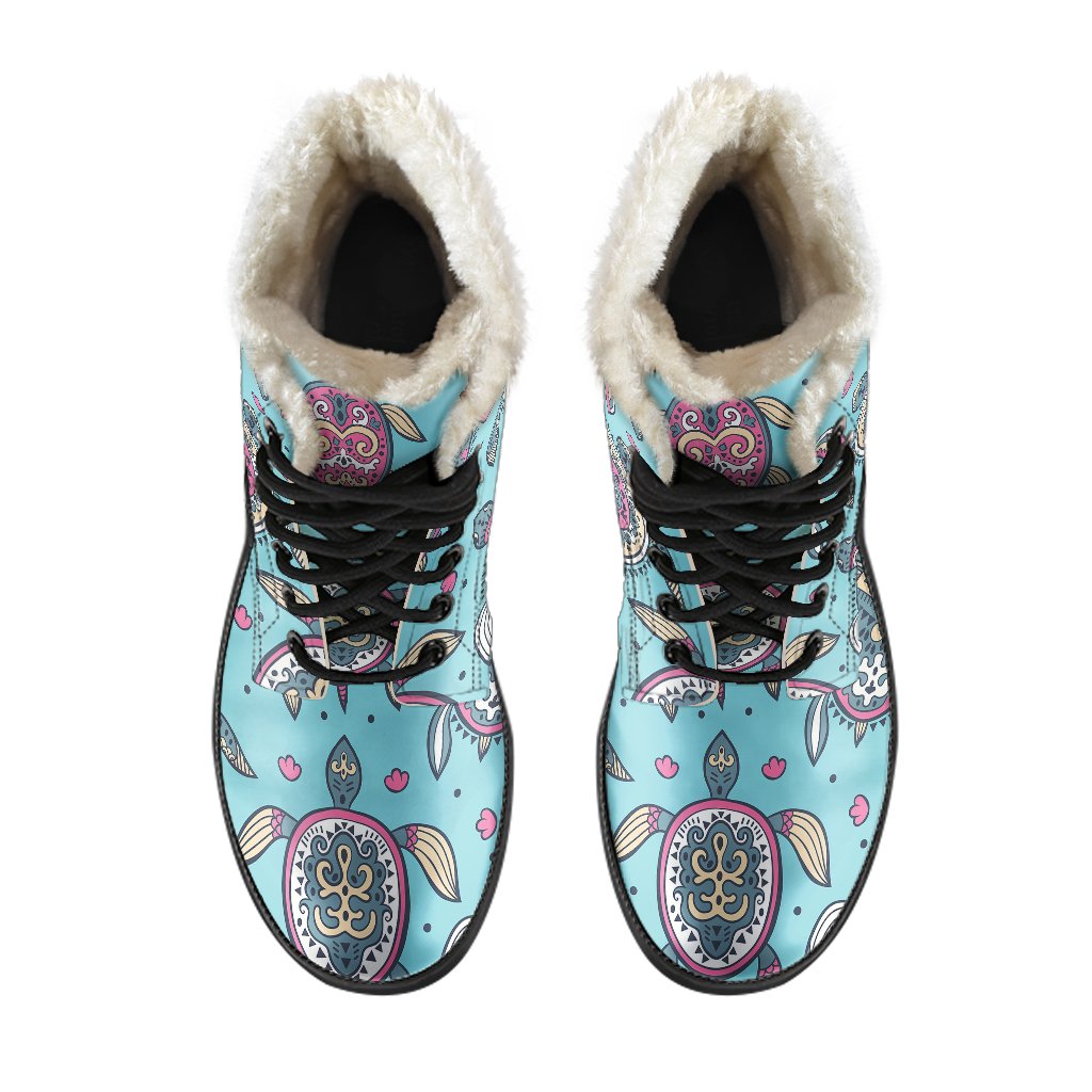 Sea Turtle Art Pattern Faux Fur Leather Boots