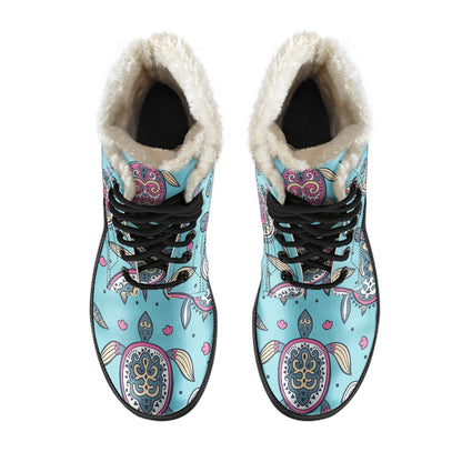 Sea Turtle Art Pattern Faux Fur Leather Boots