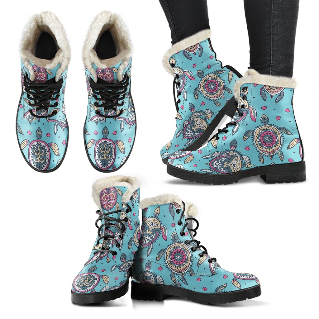 Sea Turtle Art Pattern Faux Fur Leather Boots