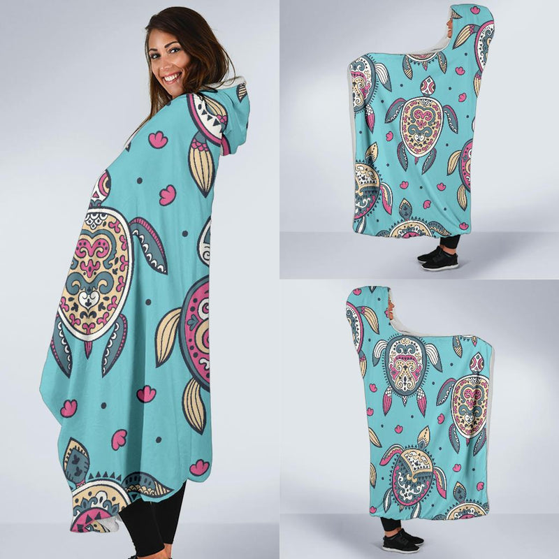 Sea Turtle Art Pattern Hooded Blanket-JORJUNE.COM