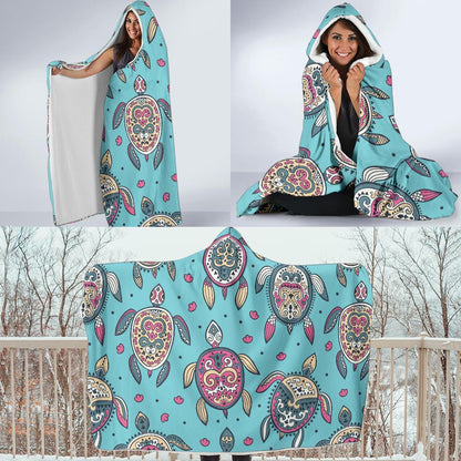 Sea Turtle Art Pattern Hooded Blanket-JORJUNE.COM