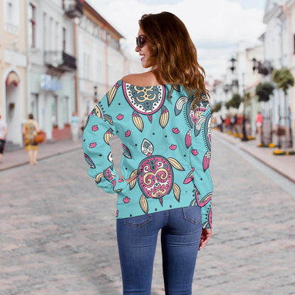 Sea Turtle Art Pattern Off Shoulder Sweatshirt
