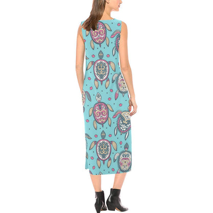 Sea Turtle Art Pattern Sleeveless Open Fork Long Dress