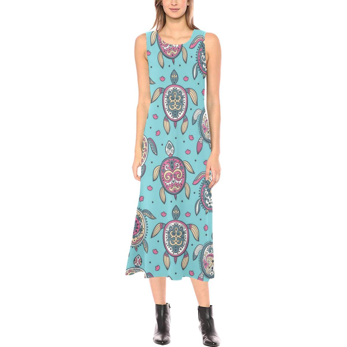 Sea Turtle Art Pattern Sleeveless Open Fork Long Dress