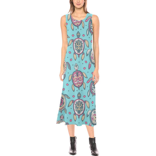 Sea Turtle Art Pattern Sleeveless Open Fork Long Dress