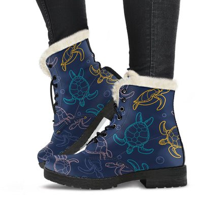 Sea Turtle Baby Print Faux Fur Leather Boots