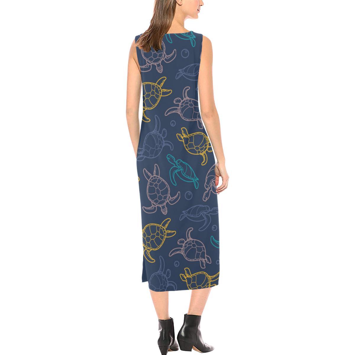 Sea Turtle Baby Print Sleeveless Open Fork Long Dress