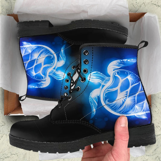 Sea Turtle Blue Neon Women & Men Leather Boots