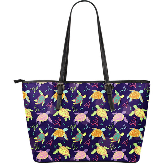 Sea Turtle Color Smile Large Leather Tote Bag