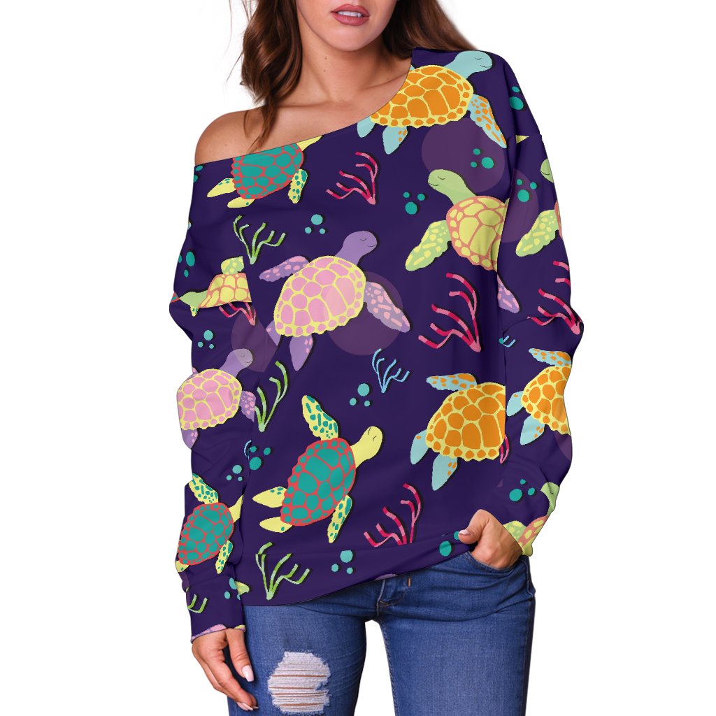 Sea Turtle Color Smile Off Shoulder Sweatshirt