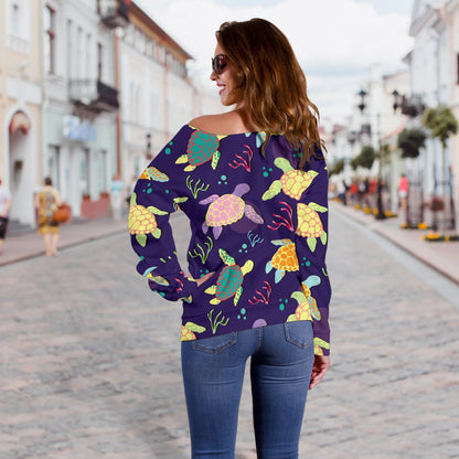 Sea Turtle Color Smile Off Shoulder Sweatshirt