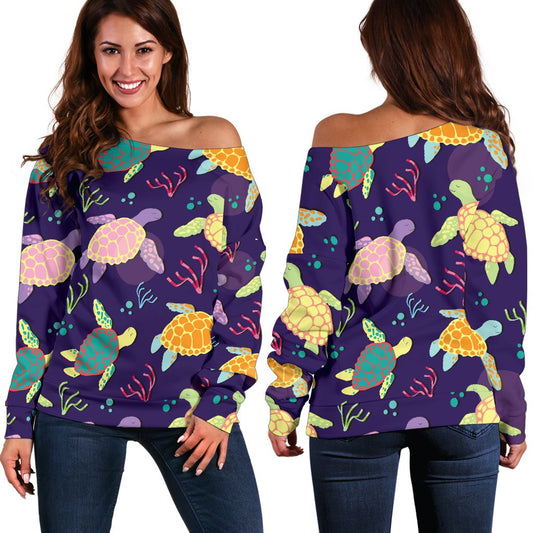 Sea Turtle Color Smile Off Shoulder Sweatshirt