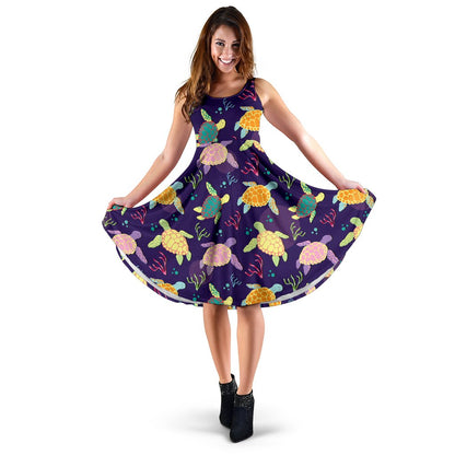 Sea Turtle Color Smile Sleeveless Mini Dress