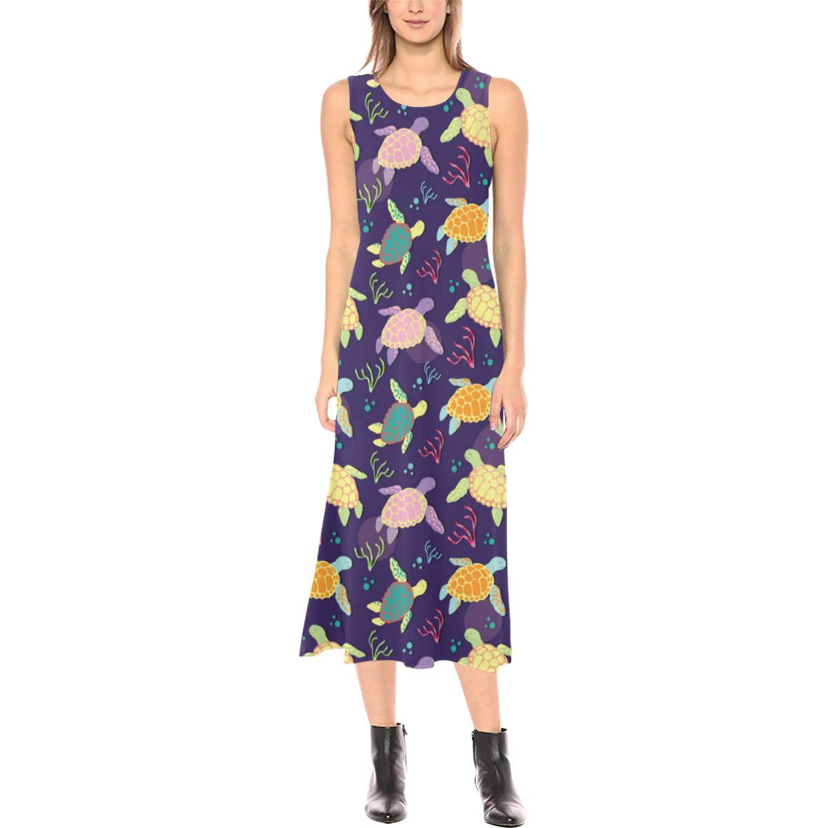 Sea Turtle Color Smile Sleeveless Open Fork Long Dress