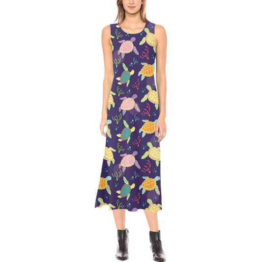 Sea Turtle Color Smile Sleeveless Open Fork Long Dress