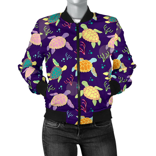 Sea Turtle Color Smile Women Casual Bomber Jacket