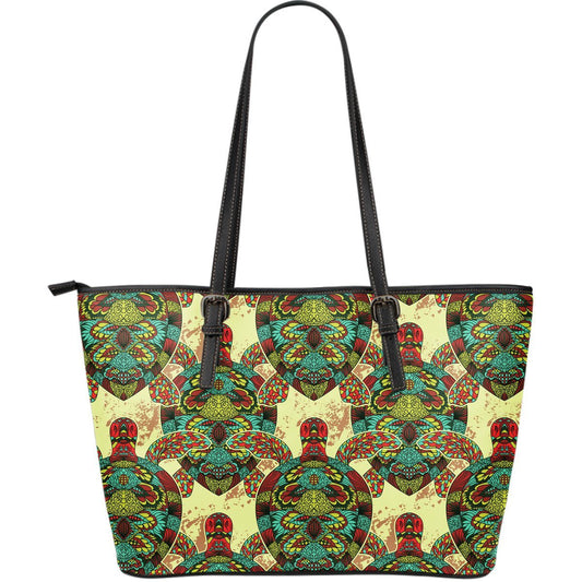Colorful Sea Turtle Large Leather Tote Bag