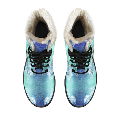 Sea Turtle Draw Faux Fur Leather Boots