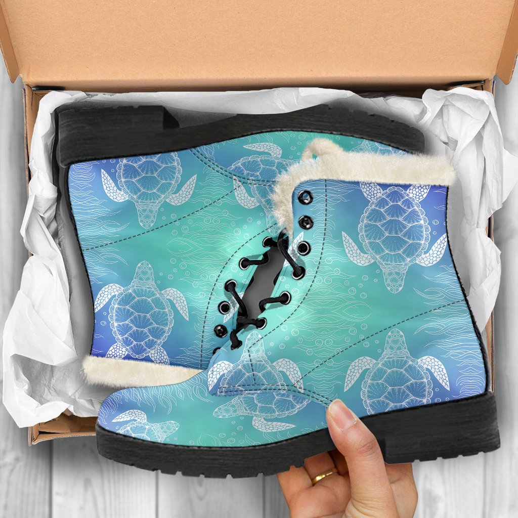 Sea Turtle Draw Faux Fur Leather Boots