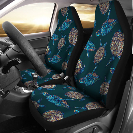 Sea Turtle Hand Drawn Blue Print Universal Fit Car Seat Covers