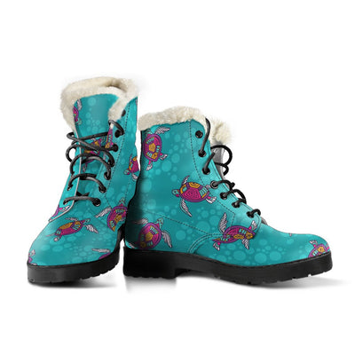 Sea Turtle Pattern Faux Fur Leather Boots