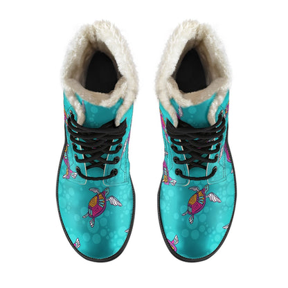 Sea Turtle Pattern Faux Fur Leather Boots
