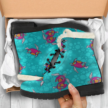Sea Turtle Pattern Faux Fur Leather Boots