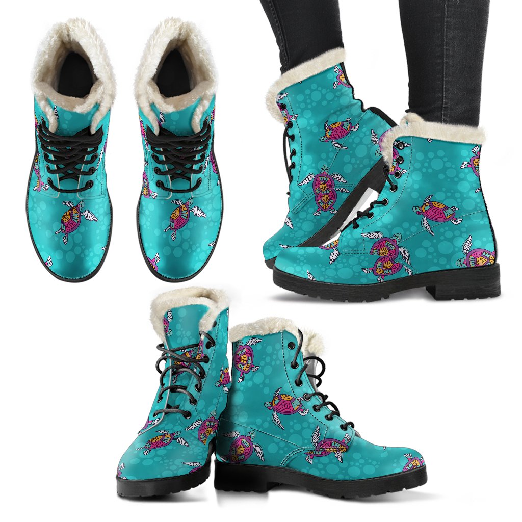 Sea Turtle Pattern Faux Fur Leather Boots