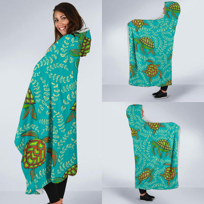 Sea Turtle Pattern Print Design T010 Hooded Blanket-JORJUNE.COM